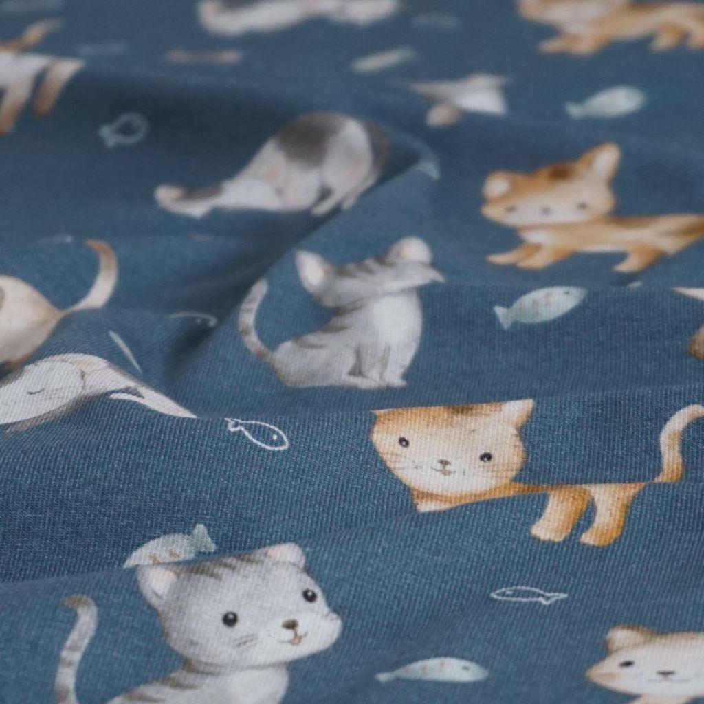 Baumwolljersey Katzen auf jeansblau – FVJ